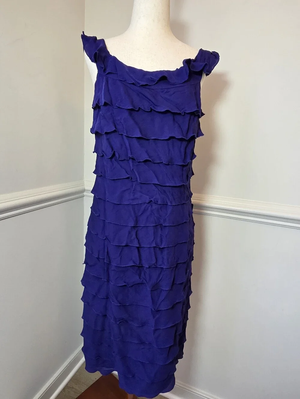 Suzi Chin Silk Dress Size 8 Blue Tiered Ruffle Cocktail Wedding Guest Y2K